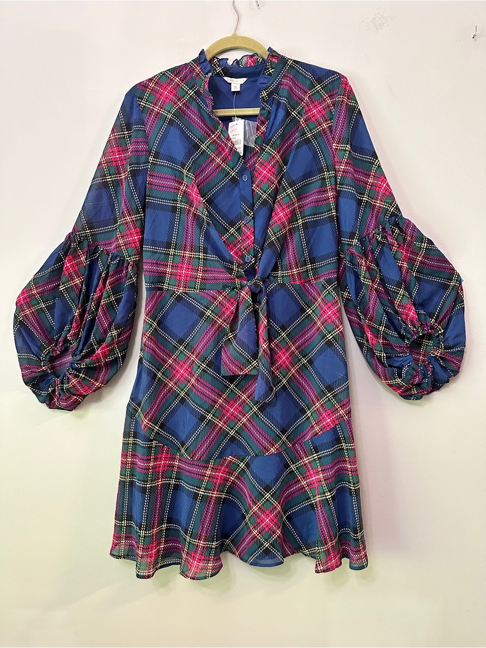 Cato Plaid Dress Size M Blue Pink Tartan Tie Front Bishop Lantern Sleeve NWT